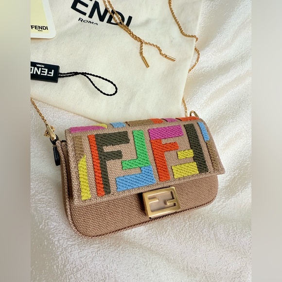 Fendi Kuban Canvas FF Embroidered Nano Baguette Bag Charm Grezzo Multicolor - Picture 10 of 17